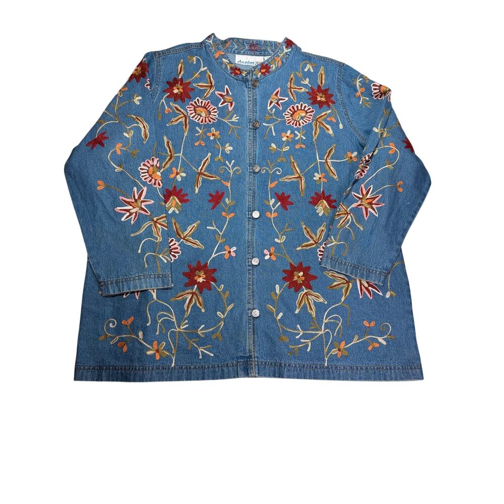 Denim 24/7 Womens 1X Embroidered Floral Denim Jacket Boho Cottagecore Tunic